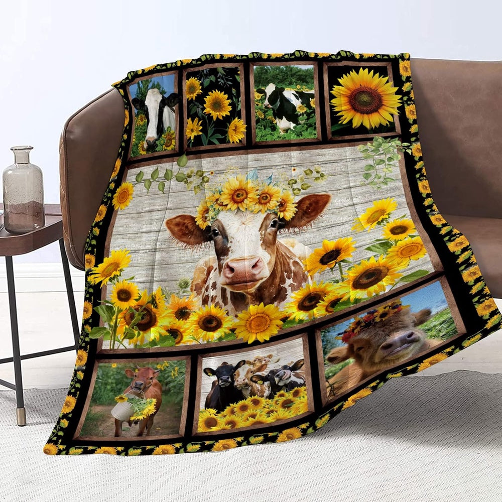 Cattle Sunflower Pattern Blanket, Farm Blanket, Farm Animal Blanket
