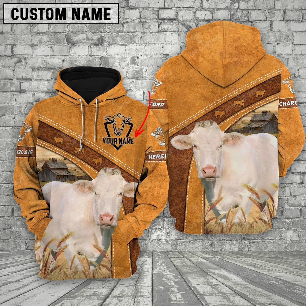 Charolais 3D Customized Name Farm Name Hoodie, Farmer Hoodie, Custom Farm Shirts, Farmer T Shirt