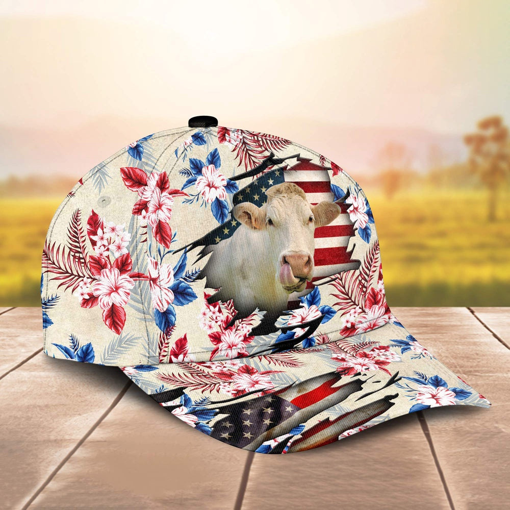 Charolais American Flag Flowers Pattern Cap, Farmer Cap, Vintage Farmer Hat, Mens Farmer Hats, Cap For Farmers
