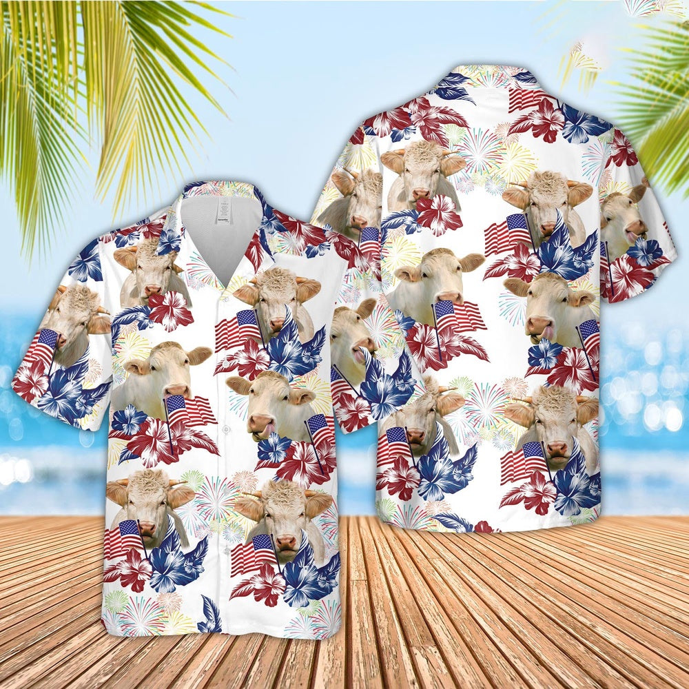 Charolais American Flowers And Flag Pattern Hawaiian Shirt, Farm Hawaiian Shirt, Farmer Hawaii