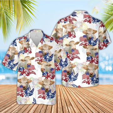 Charolais American Flowers And Flag Pattern Hawaiian Shirt, Farm Hawaiian Shirt, Farmer Hawaii