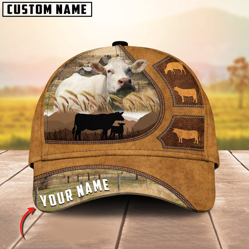 Charolais Art On Farm Yellow Leather Pattern Customized 3D Cap, Farmer Cap, Vintage Farmer Hat, Mens Farmer Hats, Cap For Farmers