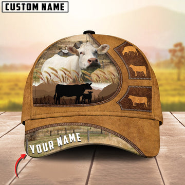 Charolais Art On Farm Yellow Leather Pattern Customized 3D Cap, Farmer Cap, Vintage Farmer Hat, Mens Farmer Hats, Cap For Farmers