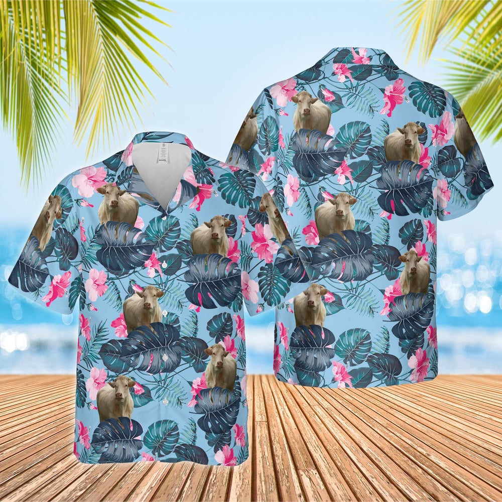 Charolais Blue Hibiscus Hawaiian Shirt, Farm Hawaiian Shirt, Farmer Hawaii