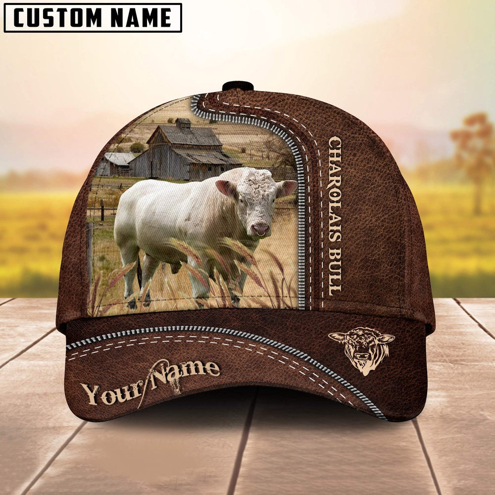 Charolais Bull Customized Name Leather Pattern Cap, Farmer Cap, Vintage Farmer Hat, Mens Farmer Hats, Cap For Farmers