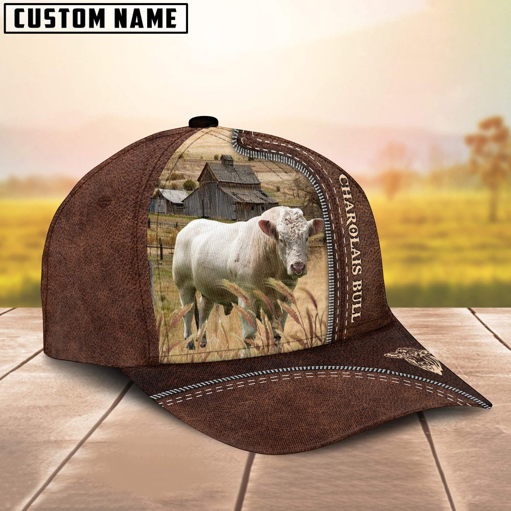 Charolais Bull Customized Name Leather Pattern Cap, Farmer Cap, Vintage Farmer Hat, Mens Farmer Hats, Cap For Farmers