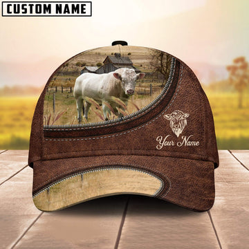 Charolais Bull On The Farm Customized Name Leather Pattern Cap, Farmer Cap, Vintage Farmer Hat, Mens Farmer Hats, Cap For Farmers