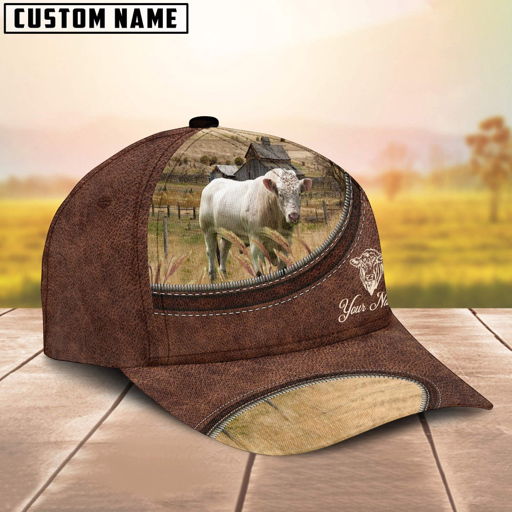 Charolais Bull On The Farm Customized Name Leather Pattern Cap, Farmer Cap, Vintage Farmer Hat, Mens Farmer Hats, Cap For Farmers