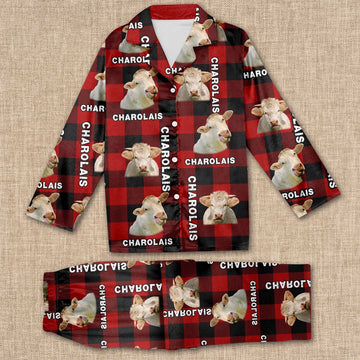 Charolais Caro Pattern All Over Print Pajamas Sets, Farm Pajamas, Farm Animal Pajamas, Christmas Farm Pajamas