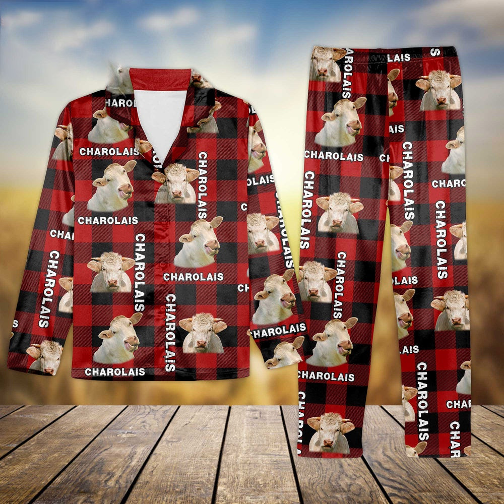 Charolais Caro Pattern All Over Print Pajamas Sets, Farm Pajamas, Farm Animal Pajamas, Christmas Farm Pajamas