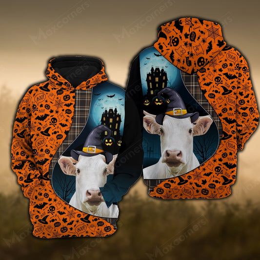Charolais Castle Halloween Pattern 3D Hoodie, Farmer Hoodie, Farm Themed Shirts, Farm Tee Shirts