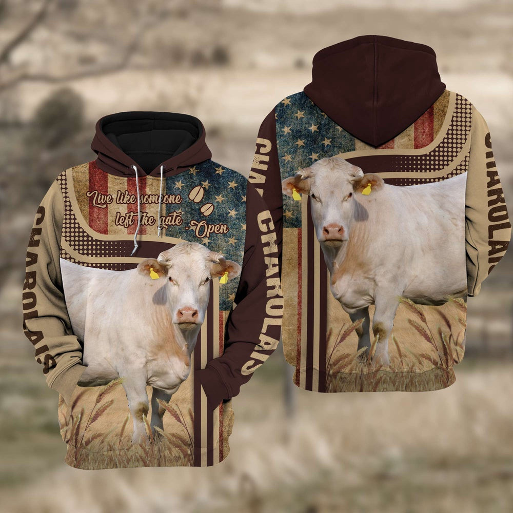 Charolais Cattle 3D American Flag Quotation Hoodie, Farmer Hoodie, Farm Themed Shirts, Farm Tee Shirts
