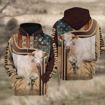 Charolais Cattle 3D American Flag Quotation Hoodie, Farmer Hoodie, Farm Themed Shirts, Farm Tee Shirts