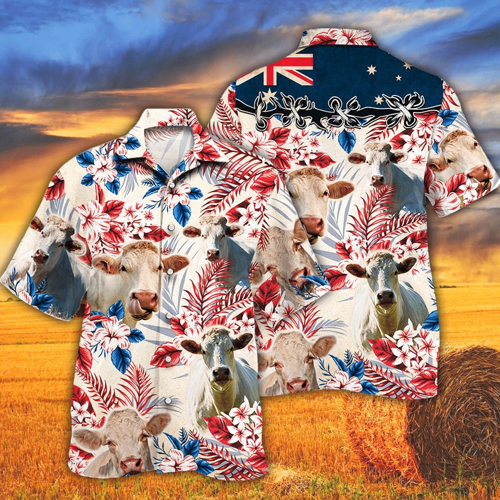 Charolais Cattle Australian Flag Hawaiian Flowers All Over Printed Hawaiian Shirt, Farm Hawaiian Shirt, Farmer Hawaii