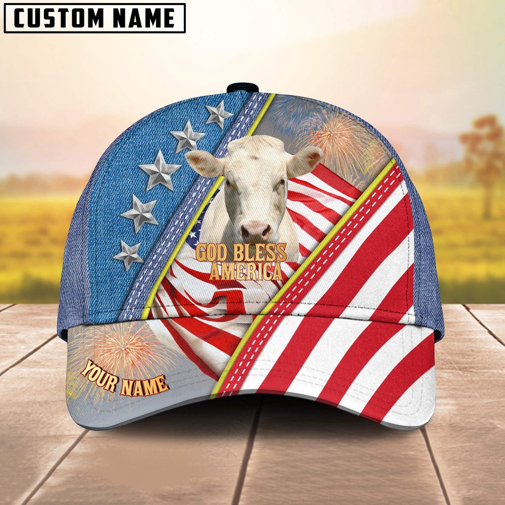 Charolais Cattle Blue Denim Pattern Customized Name Cap, Farmer Cap, Vintage Farmer Hat, Mens Farmer Hats, Cap For Farmers