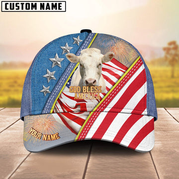 Charolais Cattle Blue Denim Pattern Customized Name Cap, Farmer Cap, Vintage Farmer Hat, Mens Farmer Hats, Cap For Farmers