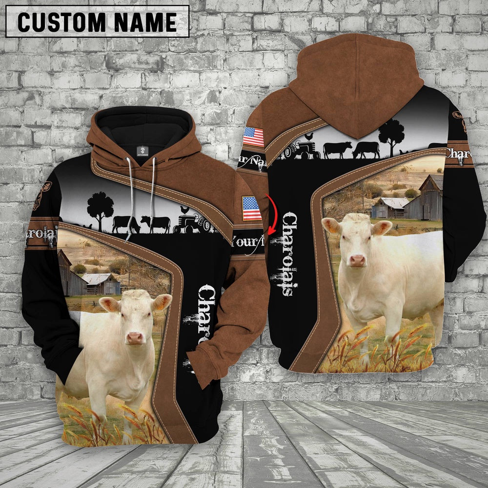 Charolais Cattle Brown Leather Pattern Custom Name Shirts, Farmer Hoodie, Custom Farm Shirts, Farmer T Shirt