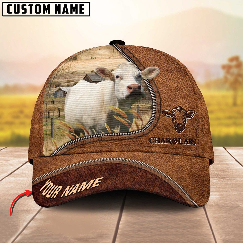 Charolais Cattle Brown Leather Zip Pattern Customized Name Cap, Farmer Cap, Vintage Farmer Hat, Mens Farmer Hats, Cap For Farmers