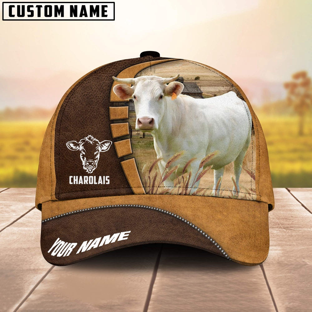 Charolais Cattle Customized Name Brown 3D Cap, Farmer Cap, Vintage Farmer Hat, Mens Farmer Hats, Cap For Farmers