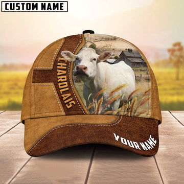 Charolais Cattle Customized Name Brown Leather Pattern Cap, Farmer Cap, Vintage Farmer Hat, Mens Farmer Hats, Cap For Farmers