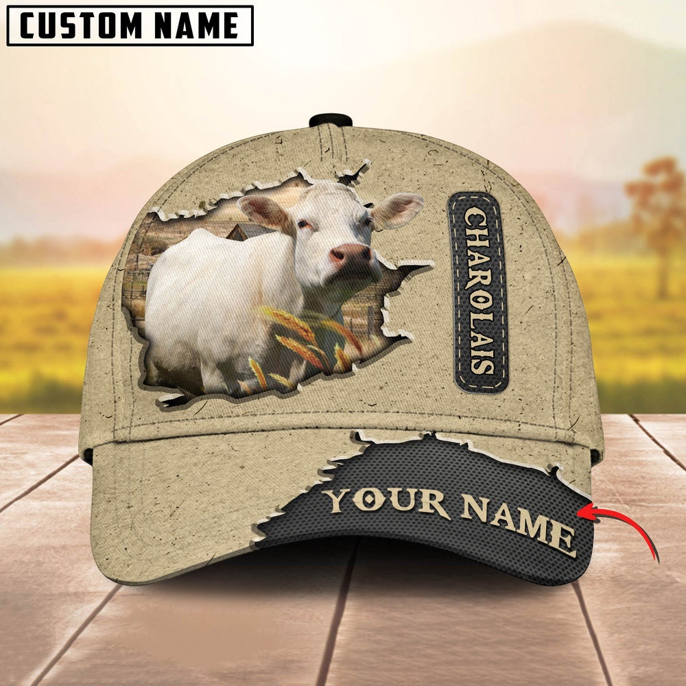 Charolais Cattle Customized Name Khaki Leather Pattern Cap, Farmer Cap, Vintage Farmer Hat, Mens Farmer Hats, Cap For Farmers