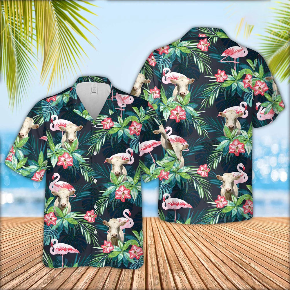 Charolais Cattle Flamingo Hawaiian Shirt, Farm Hawaiian Shirt, Farmer Hawaii
