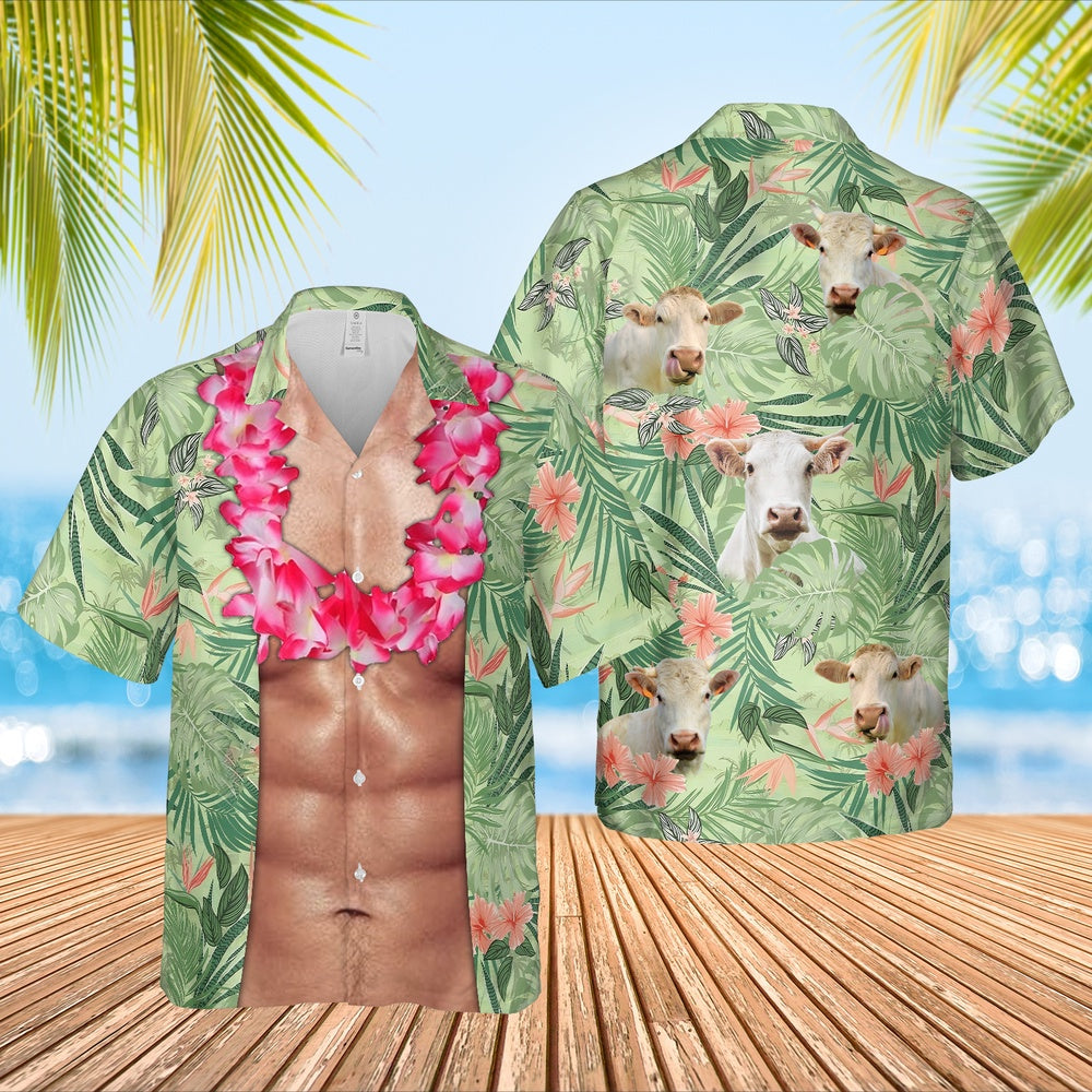 Charolais Cattle Funny 6-pack Body Hawaiian Shirt, Farm Hawaiian Shirt, Farmer Hawaii