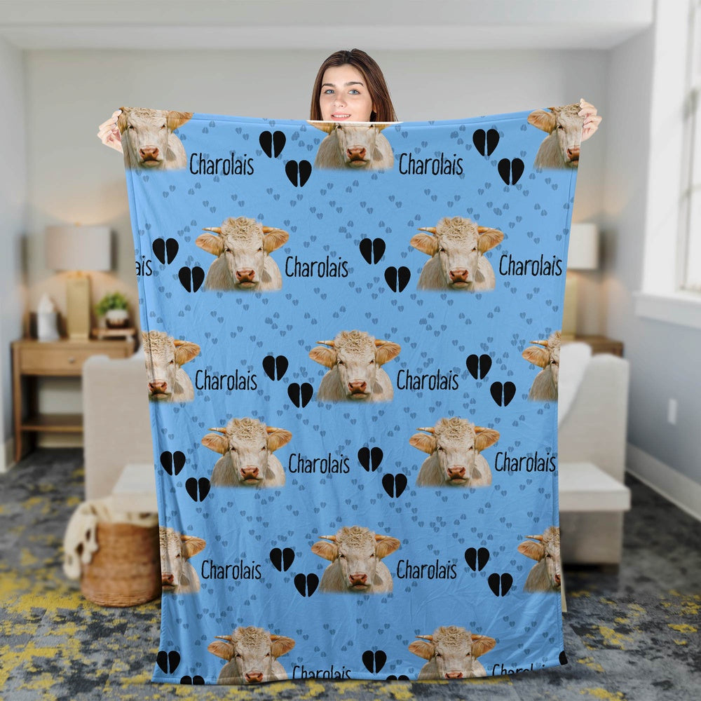 Charolais Cattle Happy Pattern Blanket, Farm Blanket, Farm Animal Blanket