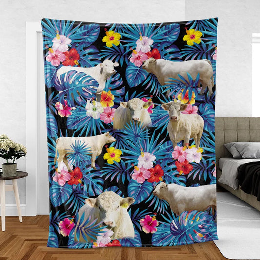 Charolais Cattle Hawaiian Pattern Blanket, Farm Blanket, Farm Animal Blanket