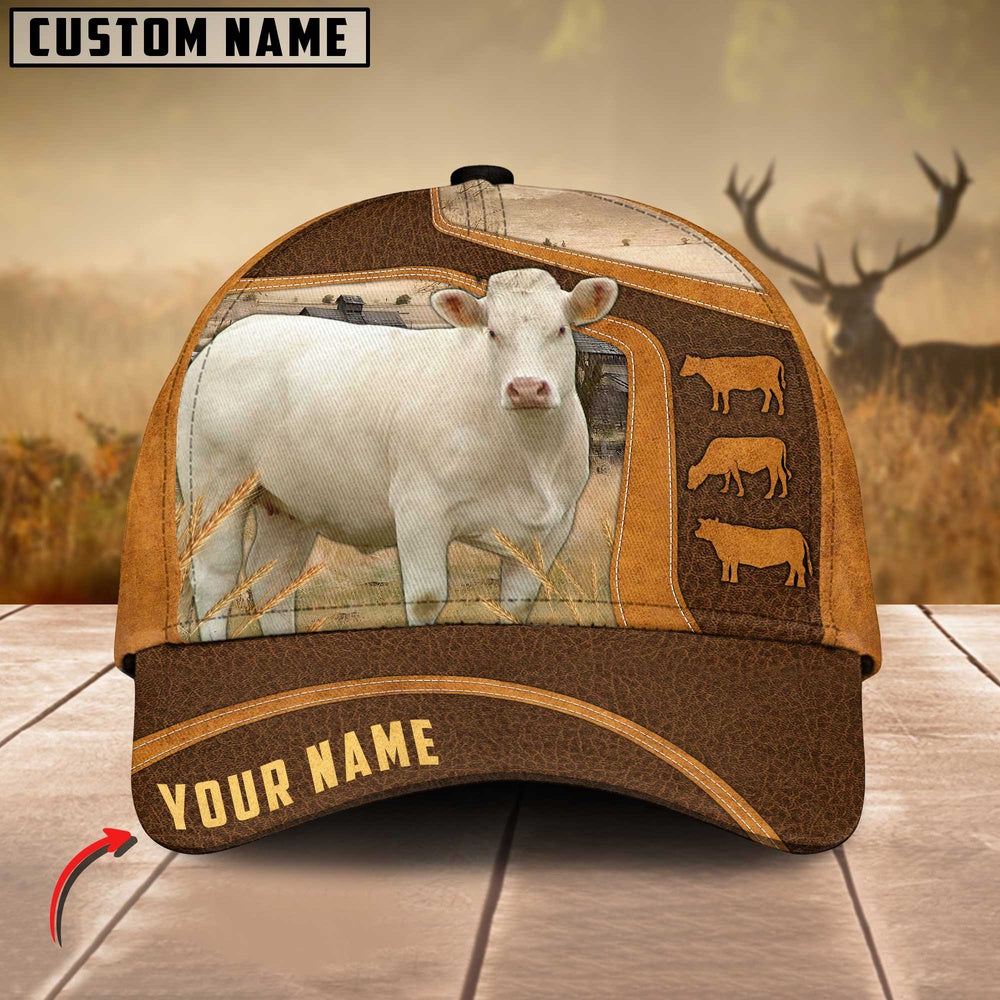 Charolais Cattle Leather Pattern Customized Name Cap, Farmer Cap, Vintage Farmer Hat, Mens Farmer Hats, Cap For Farmers