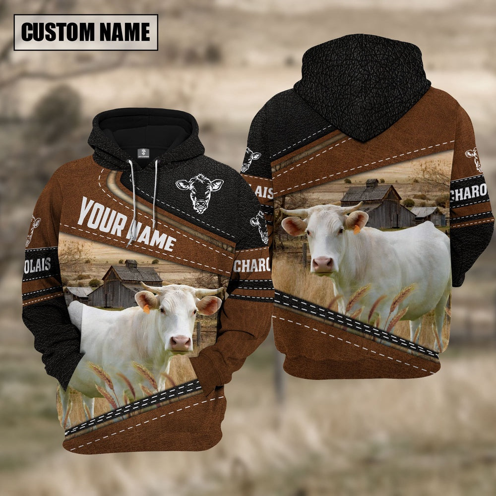 Charolais Cattle Leather Pattern Farm Personalized 3D Hoodie, Farmer Hoodie, Custom Farm Shirts, Farmer T Shirt