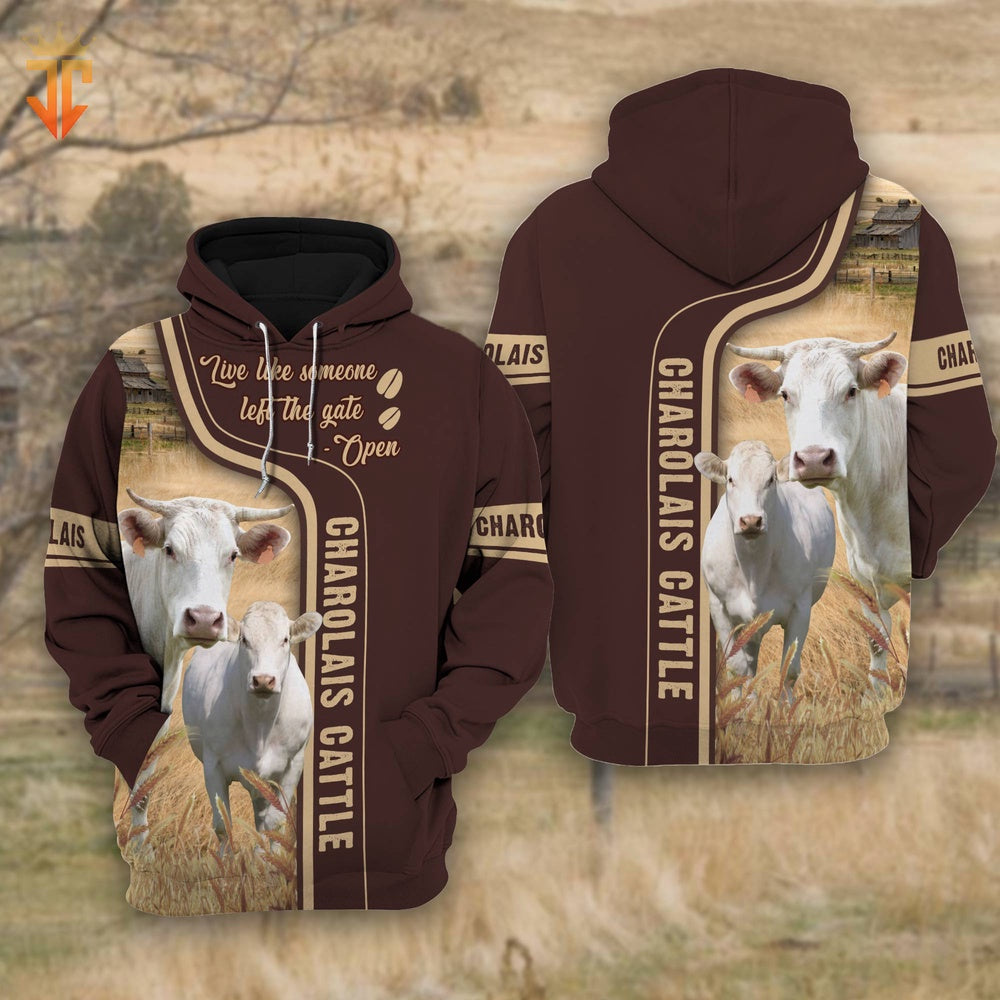 Charolais Cattle Live Like Someone left the gate open Shirts, Farmer Hoodie, Farm Themed Shirts, Farm Tee Shirts