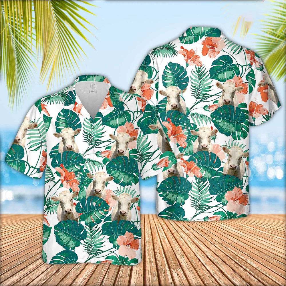 Charolais Cattle Pattern 3D Men Hawaiian Shirt, Farm Hawaiian Shirt, Farmer Hawaii