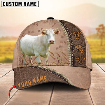 Charolais Cattle Personalized Name Brown Leather Pattern Cap, Farmer Cap, Vintage Farmer Hat, Mens Farmer Hats, Cap For Farmers
