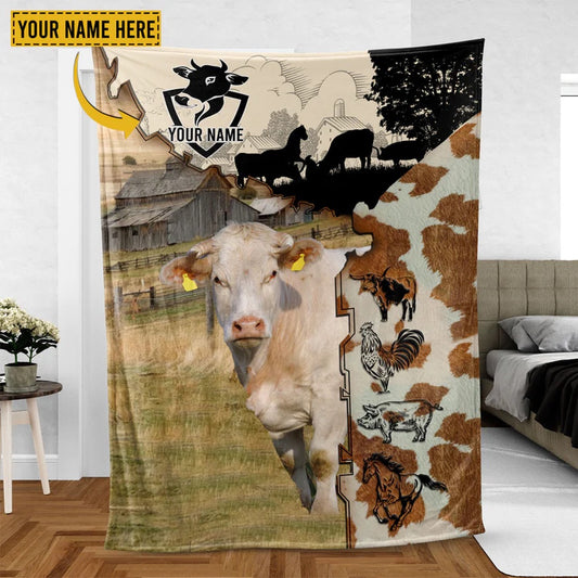 Charolais Cattle Personalized Name Feather Pattern Blanket, Farm Blanket, Farm Animal Blanket