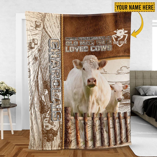 Charolais Cattle Personalized Name Leather Pattern Blanket, Farm Blanket, Farm Animal Blanket