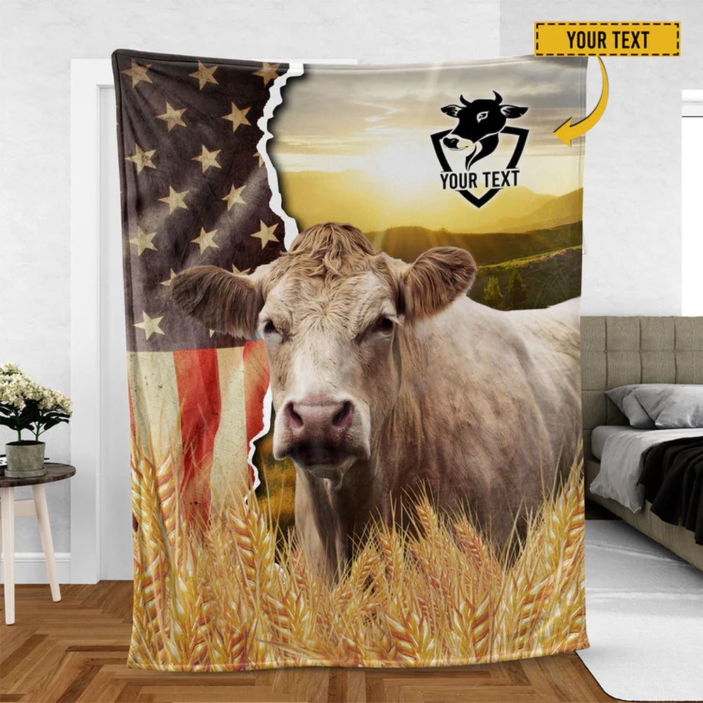 Charolais Cattle Personalized Name U.S Flag Blanket, Farm Blanket, Farm Animal Blanket