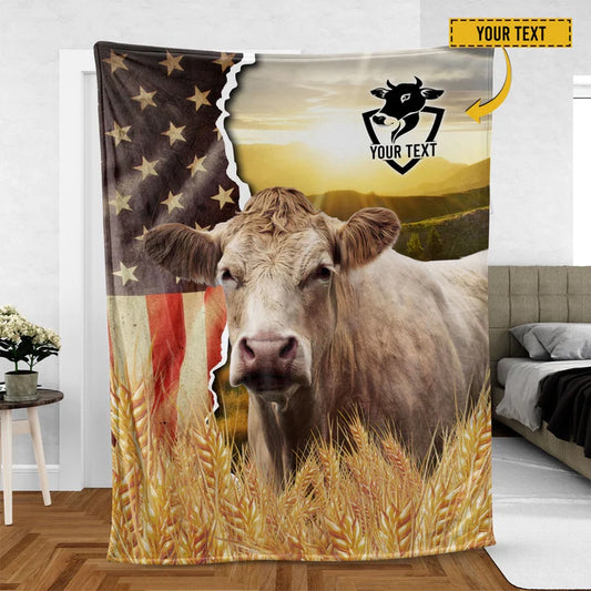 Charolais Cattle Personalized Name U.S Flag Blanket, Farm Blanket, Farm Animal Blanket