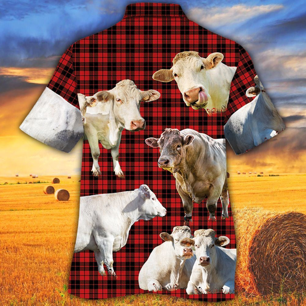 Charolais Cattle Red Tartan Pattern All Over Printed Hawaiian Shirt, Farm Hawaiian Shirt, Farmer Hawaii