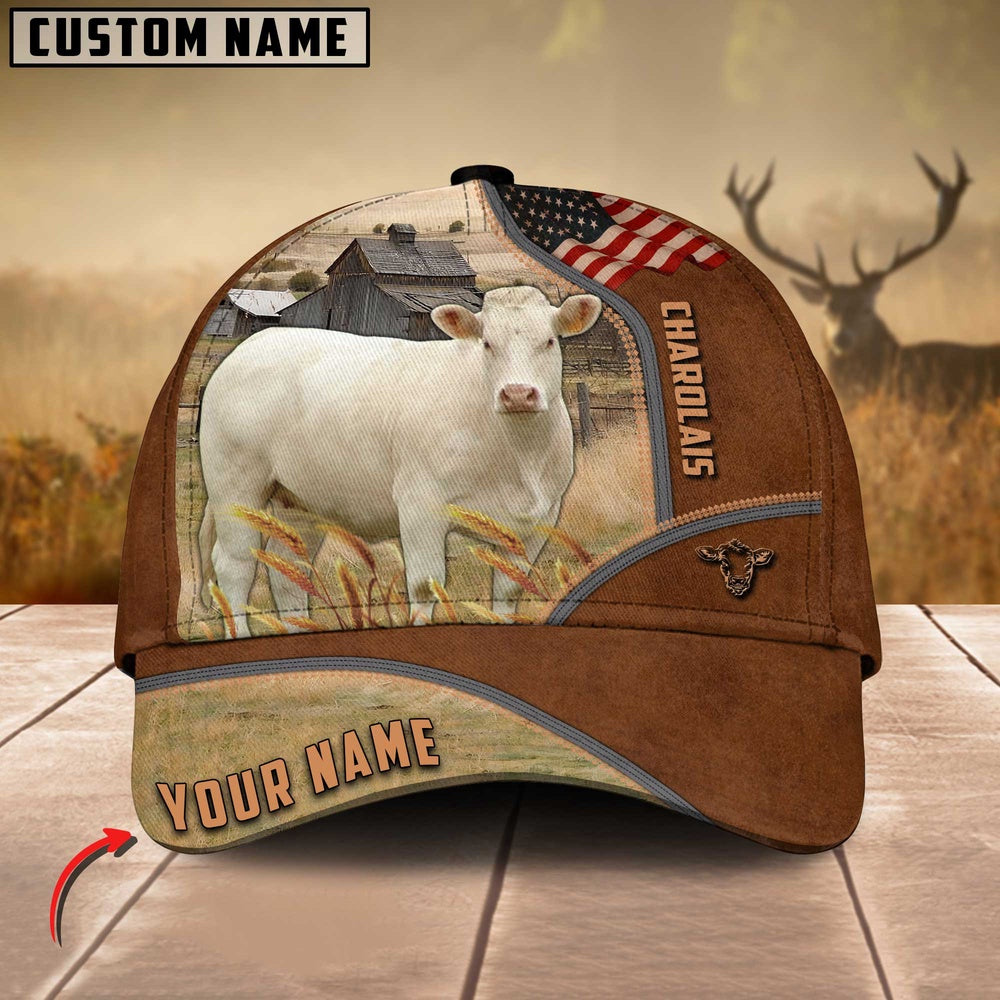 Charolais Cattle US Flag Customized Name Brown Cap, Farmer Cap, Vintage Farmer Hat, Mens Farmer Hats, Cap For Farmers