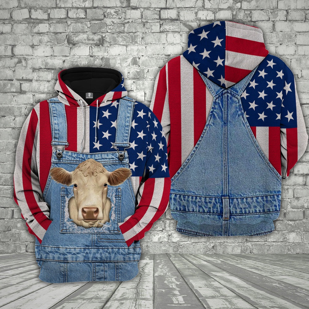 Charolais Cattle US Flag Farm Personalized 3D Hoodie, Farmer Hoodie, Custom Farm Shirts, Farmer T Shirt