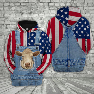 Charolais Cattle US Flag Farm Personalized 3D Hoodie, Farmer Hoodie, Custom Farm Shirts, Farmer T Shirt