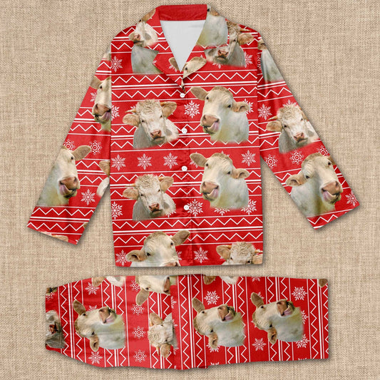 Charolais Christmas Pattern All Over Print Pajamas Sets, Farm Pajamas, Farm Animal Pajamas, Christmas Farm Pajamas