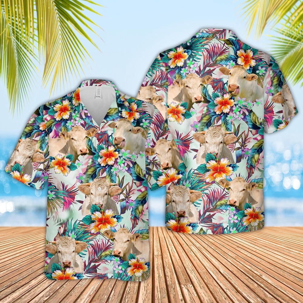 Charolais Cows with Flowers Hawaiian Shirt, Farm Hawaiian Shirt, Farmer Hawaii