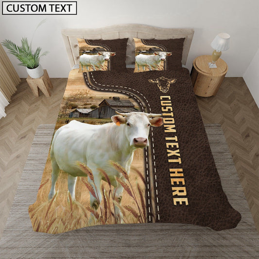 Charolais Custom Text Leather Pattern Bedding Set, Farm Bedding Set, Farmhouse Bedding Set