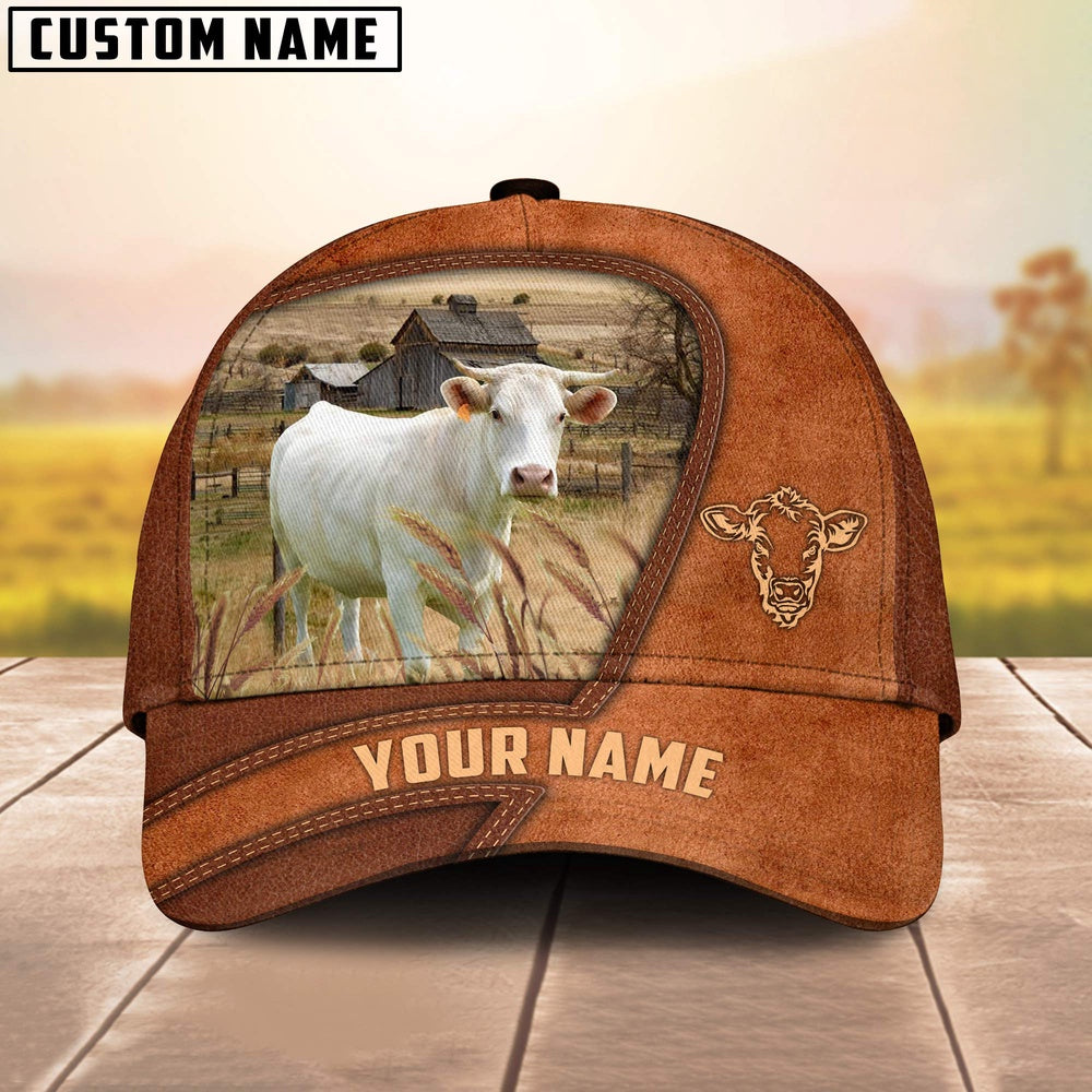 Charolais Customized Name Brown Leather Pattern Cap, Farmer Cap, Vintage Farmer Hat, Mens Farmer Hats, Cap For Farmers
