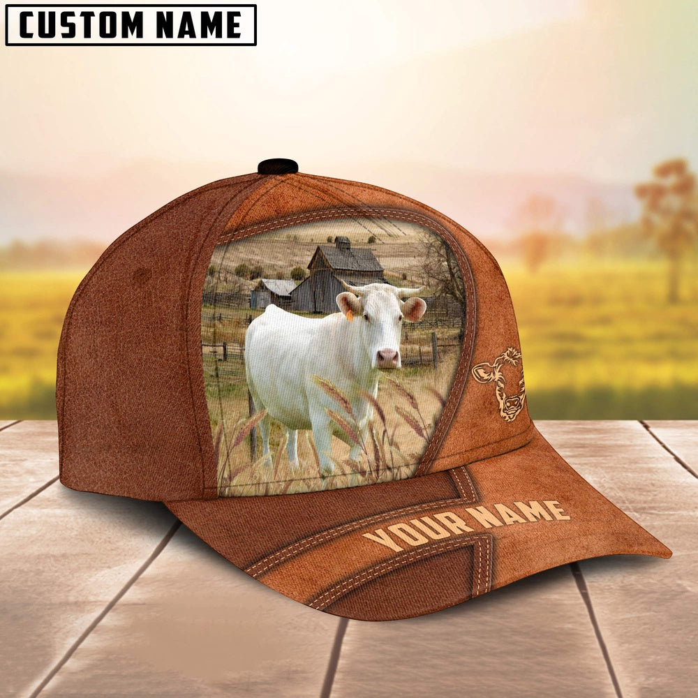 Charolais Customized Name Brown Leather Pattern Cap, Farmer Cap, Vintage Farmer Hat, Mens Farmer Hats, Cap For Farmers