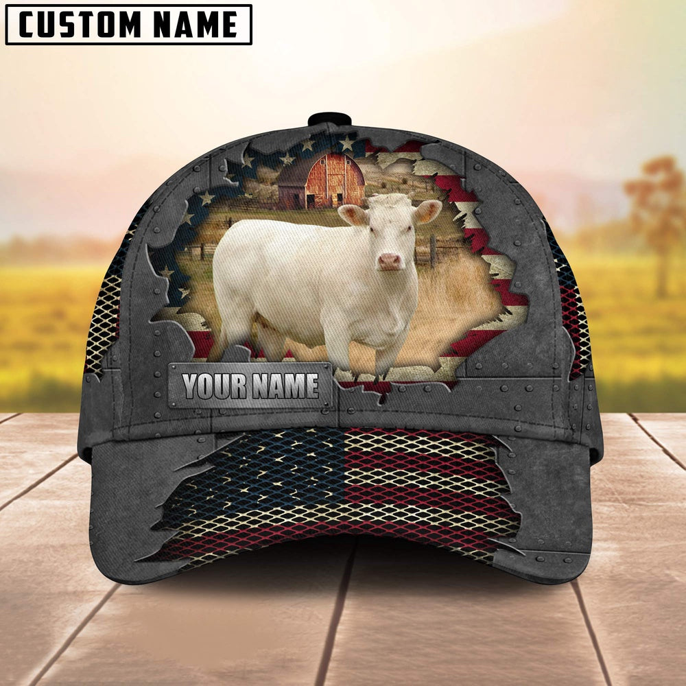 Charolais Customized Name US Flag Net Cap, Farmer Cap, Vintage Farmer Hat, Mens Farmer Hats, Cap For Farmers