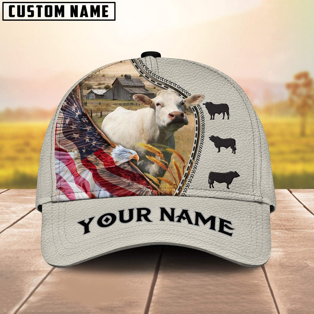 Charolais Eagle US Flag Leather Pattern Customized 3D Cap, Farmer Cap, Vintage Farmer Hat, Mens Farmer Hats, Cap For Farmers
