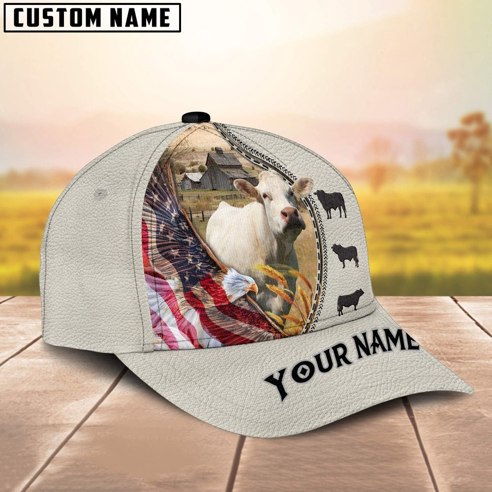 Charolais Eagle US Flag Leather Pattern Customized 3D Cap, Farmer Cap, Vintage Farmer Hat, Mens Farmer Hats, Cap For Farmers